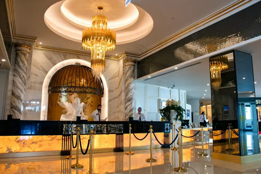 Gold chandelier in a premium lobby