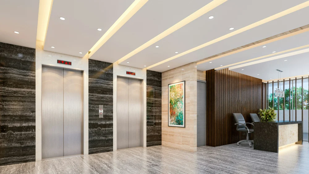 Lobby with recessed ceiling and lifts