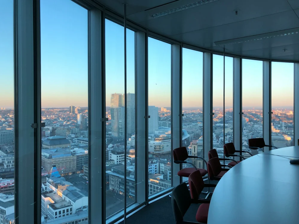 Office meeting space with a city view