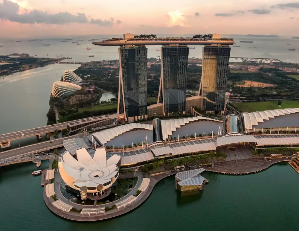 Marina Bay Sands and the Marina Bay waterfront at sunset, Singapore