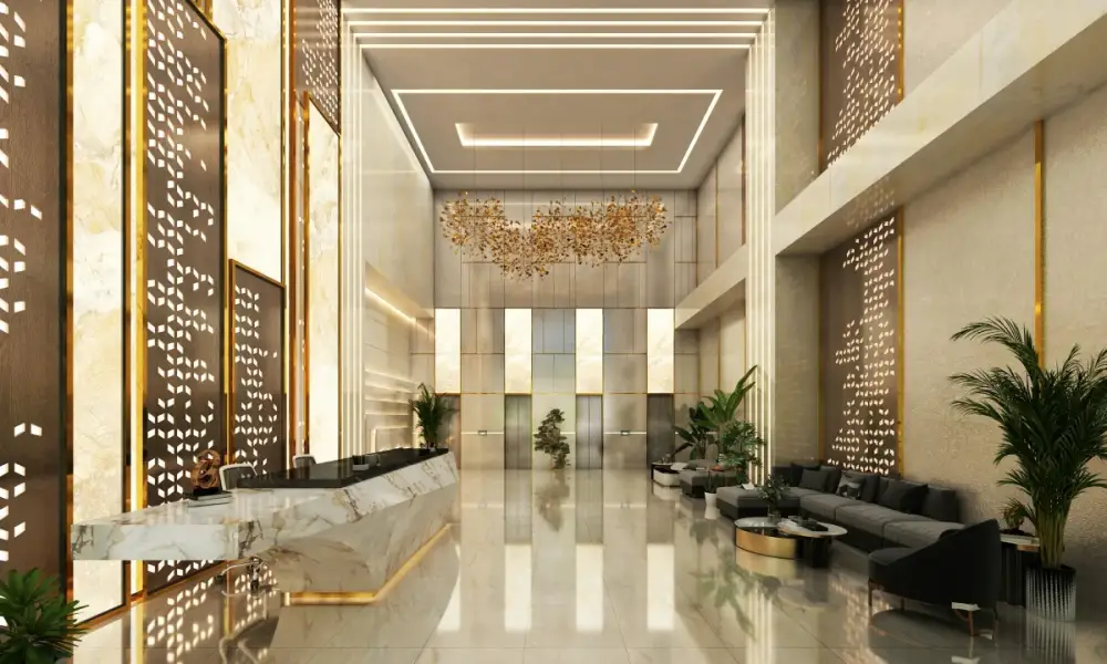 Premium marble lobby with reception desk and seating