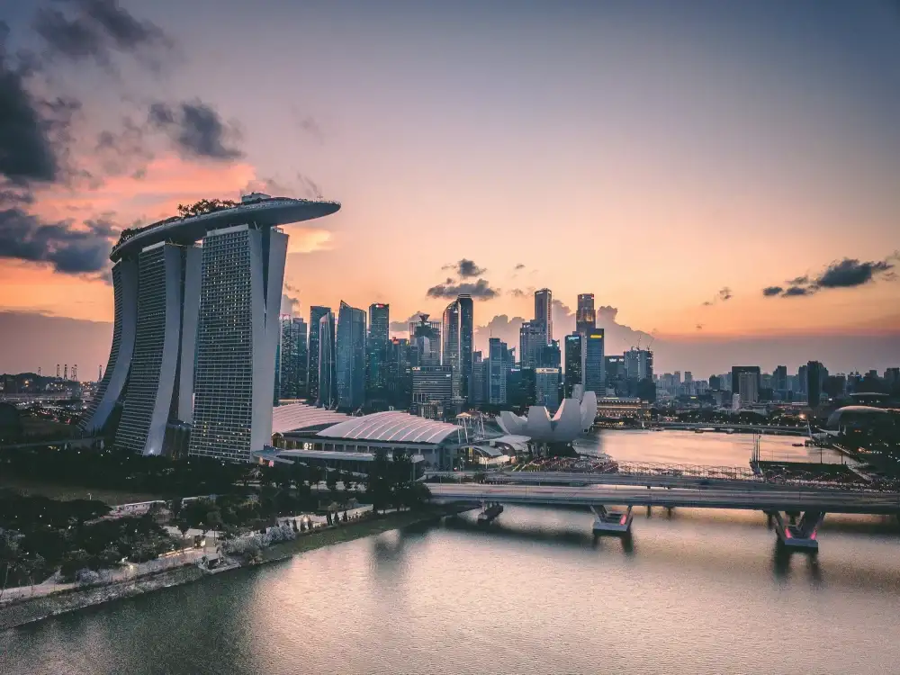 Aerial view of Marina Bay at golden hour, Singapore