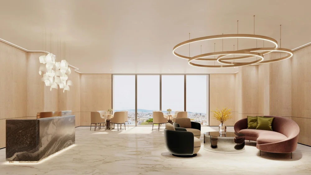 Large open lobby lounge with floor-to-ceiling windows
