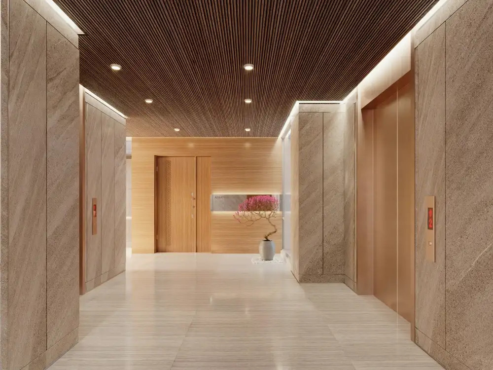 Marble lift lobby with timber accents