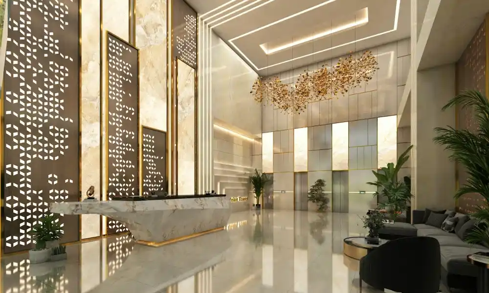 Grade A lobby with marble reception and lifts