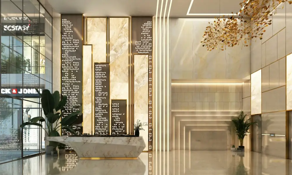 Marble lobby with decorative lighting