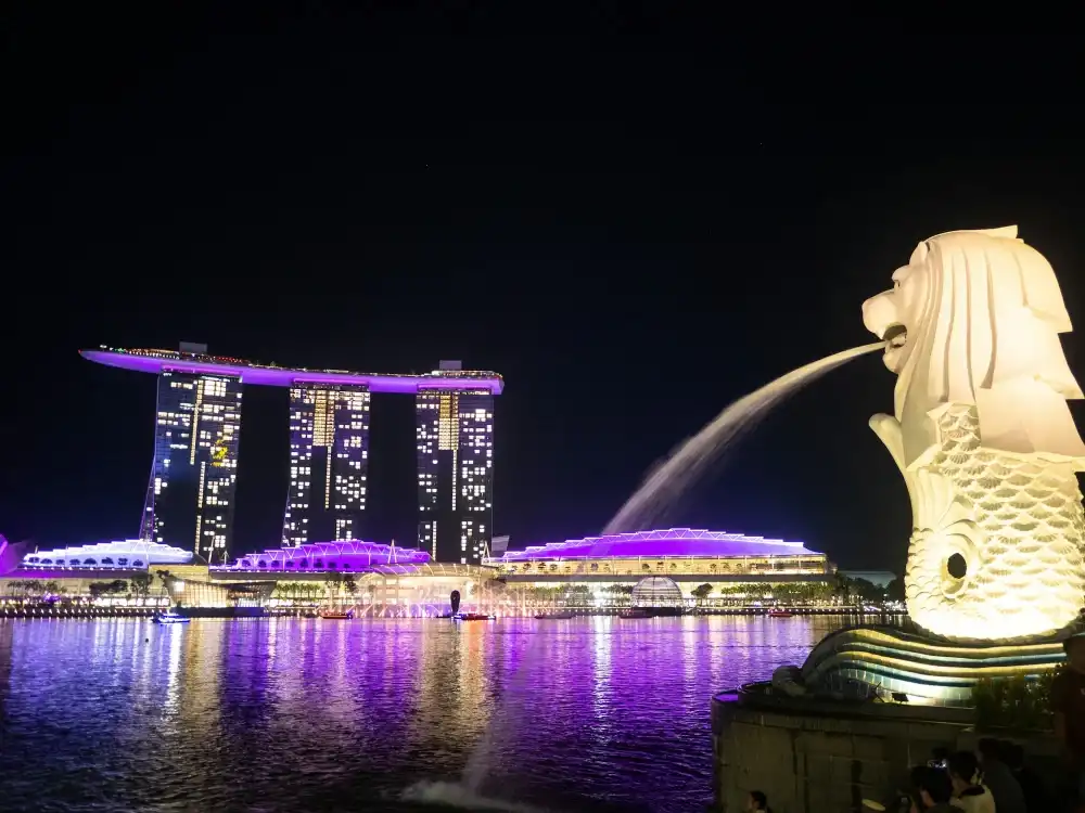 The Merlion fountain at night